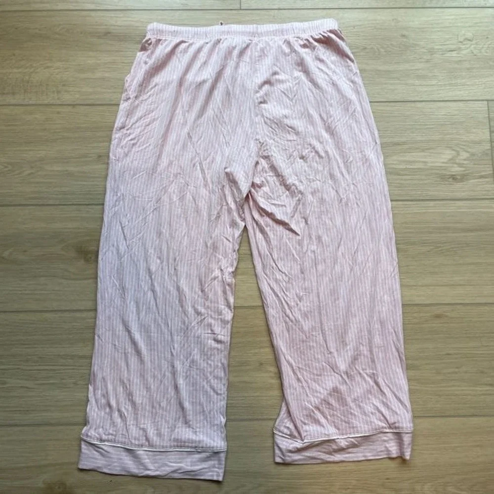 Pink White Striped Pajama Set Short Sleeve Button Down Top Pants Loungewear